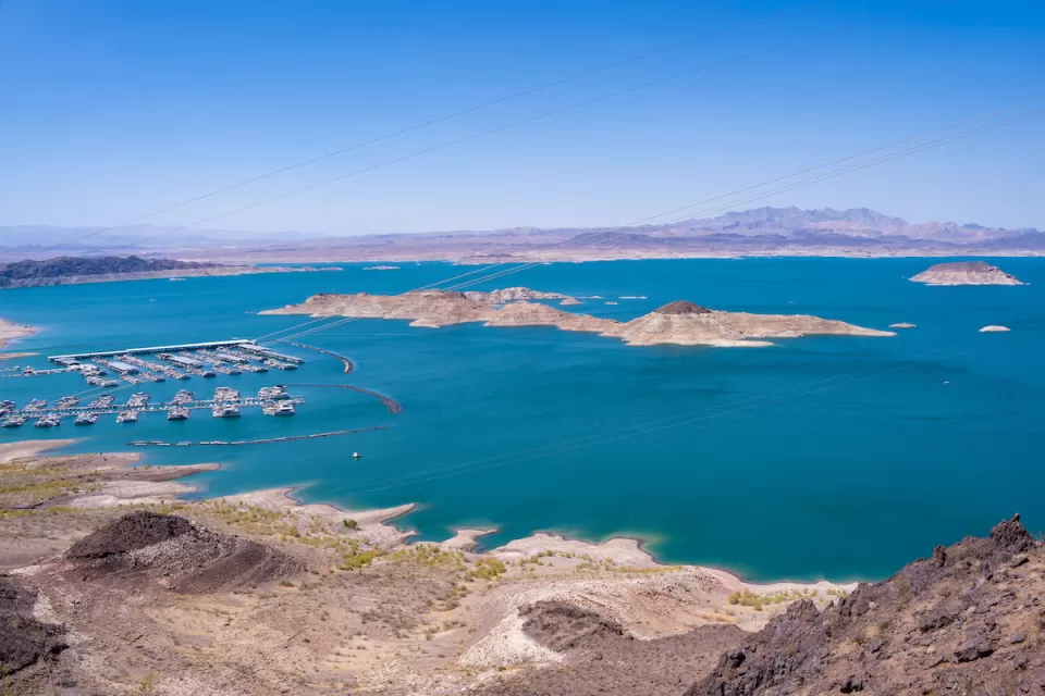 Aerial view of Lake Mead shoreline with boats.